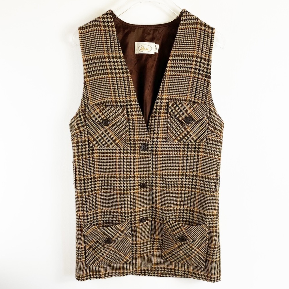 Vtg Russ Houndstooth plaid vest Womens size M Preppy Academia Neutral
